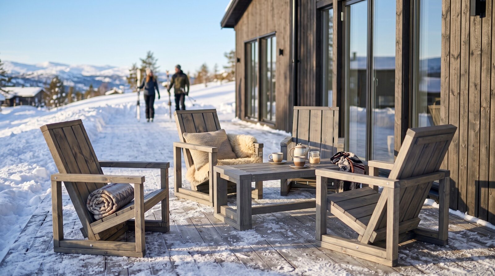 Fyra Solravin-stolar och ett bord på en vinteraltan