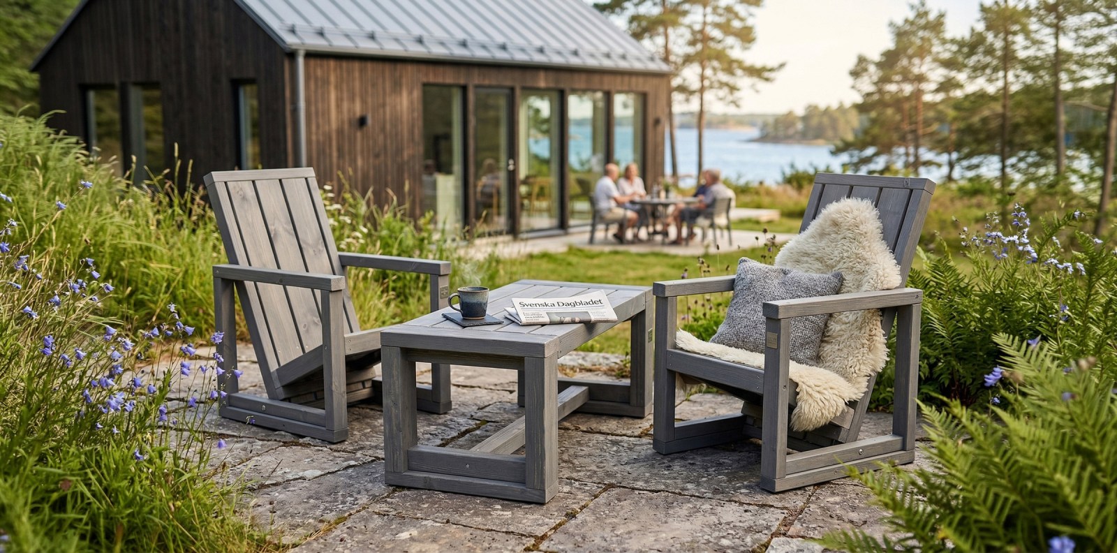 Två Solravin-stolar och bord vid ett fritidshus